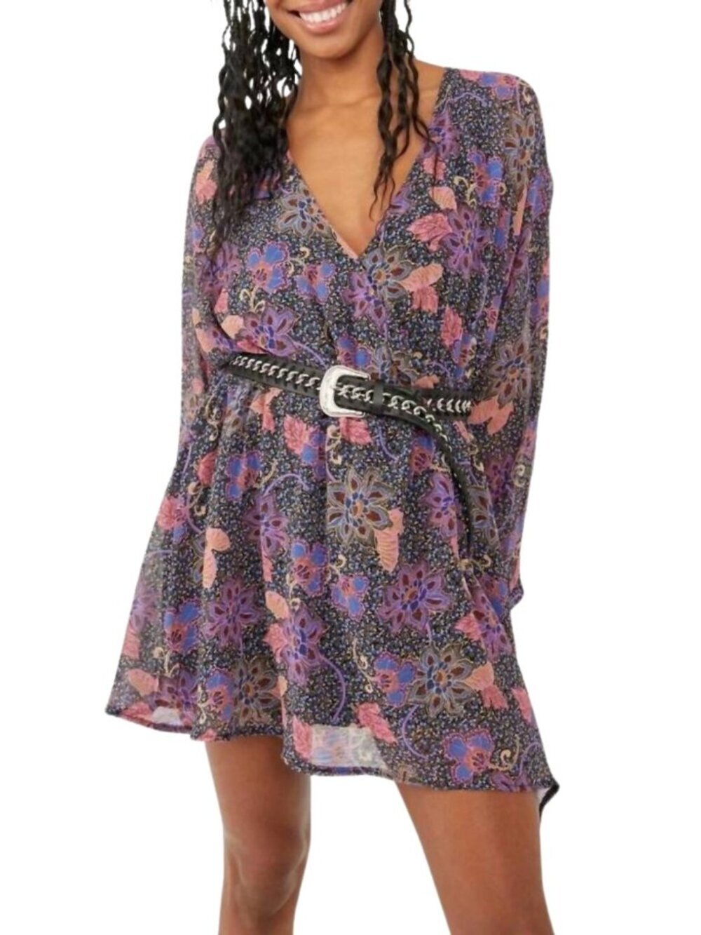 Free People Teegan Floral Long Sleeve Minidress in Twilight Combo Size XL